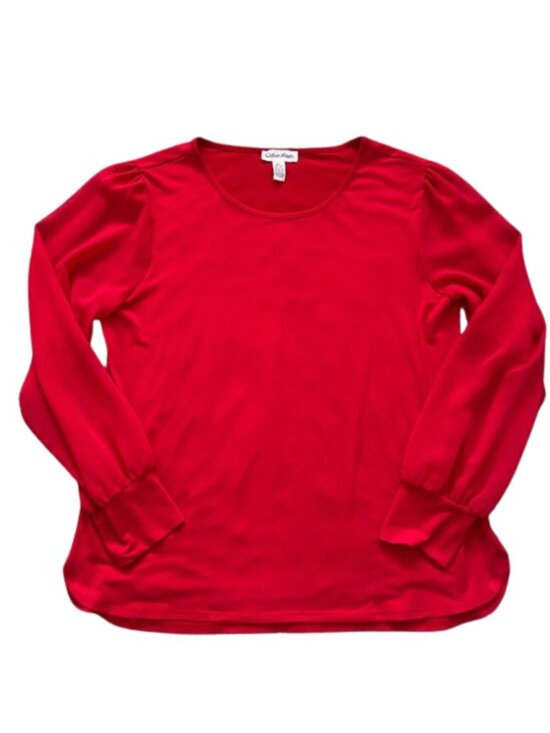 Calvin Klein Tops - Calvin Klein Women’s Red Long-Sleeve Scoop Neck Blouse Top Sheer Sleeves -Size M